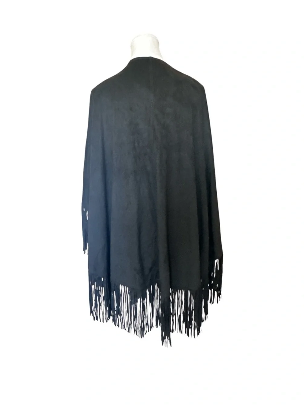 Black Faux Suede Fringe Trimmed Ruana Wrap One Size NWT
